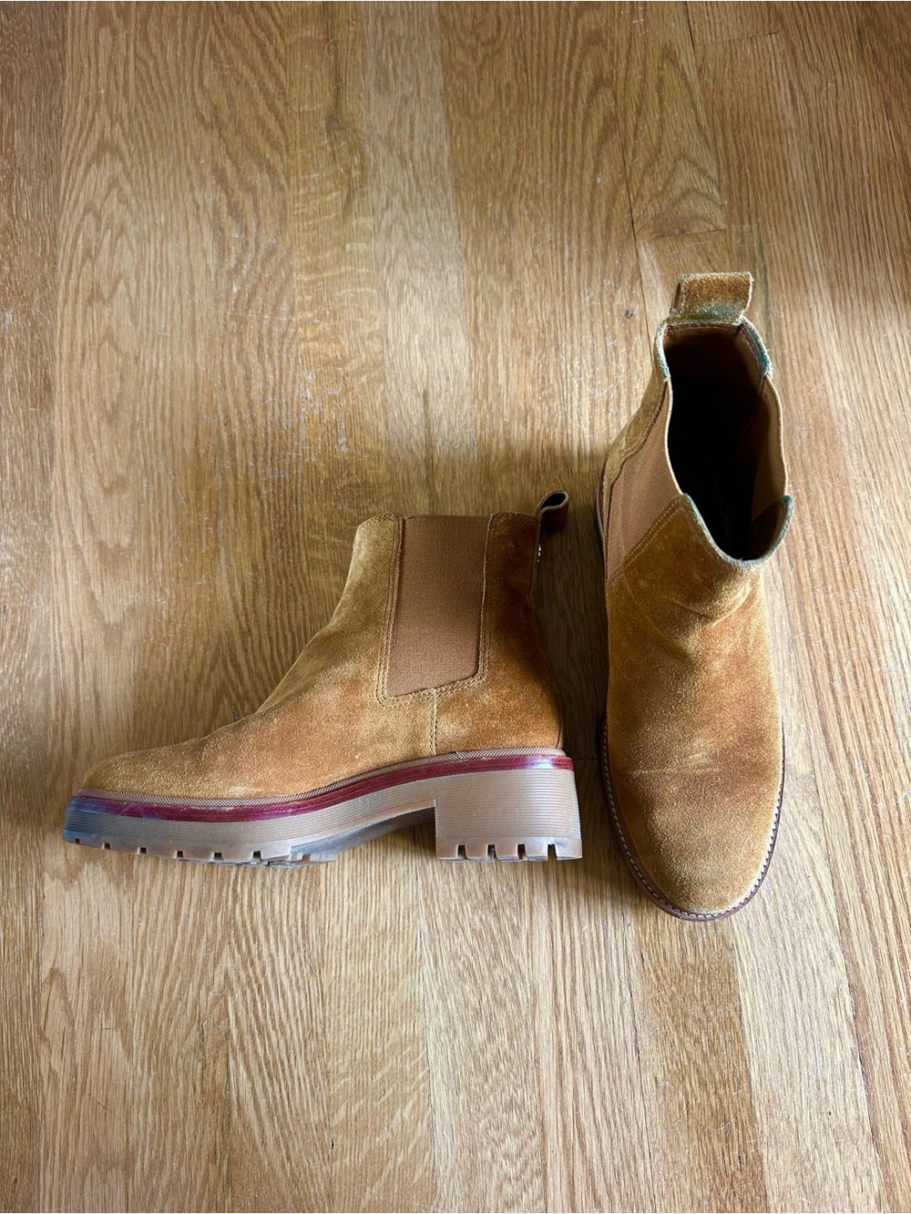 Tory Burch Suede Chukka Boots in Tan with Burgundy Trim